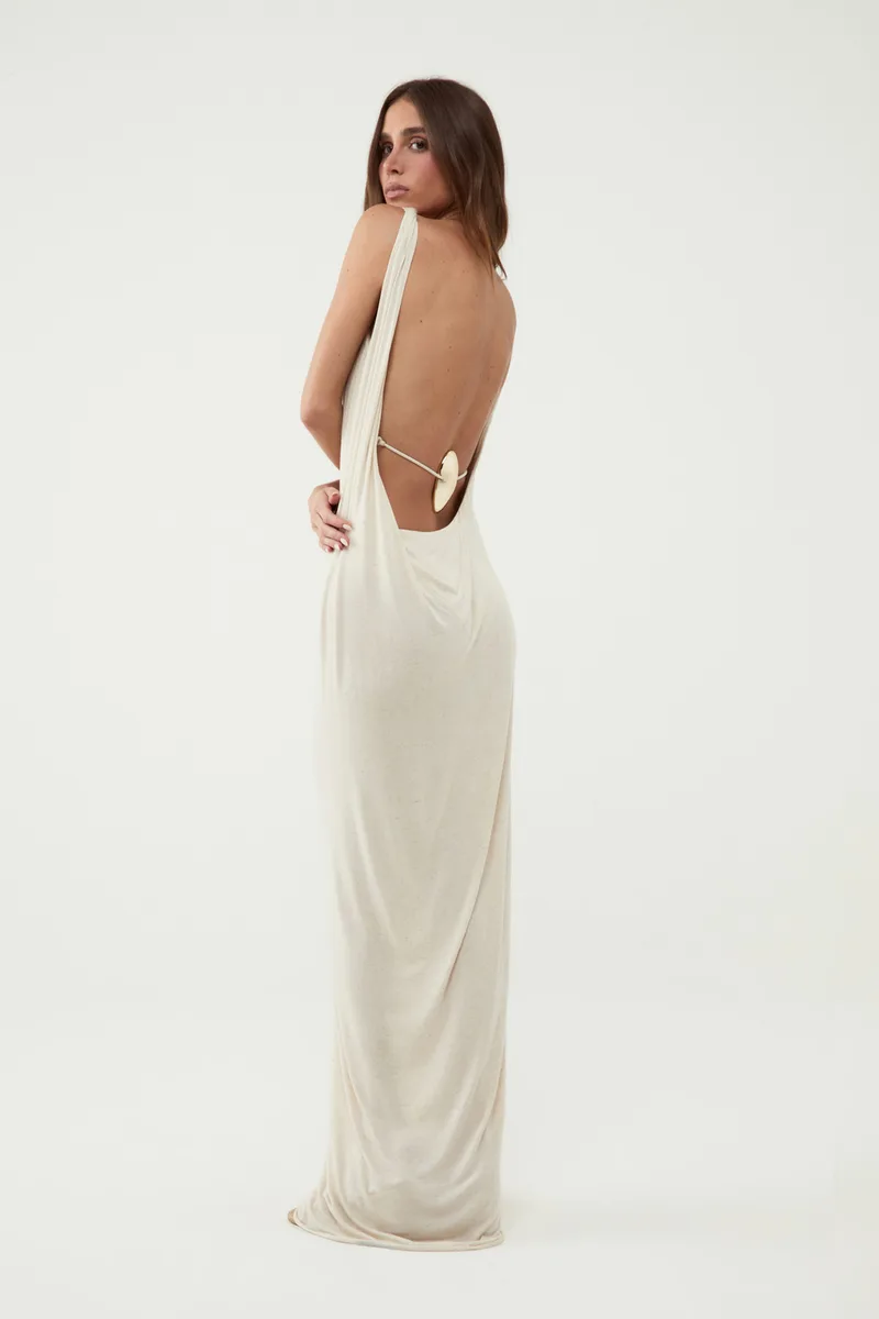 Vestido Flora Longo Costas Abertas Detalhe Metálico